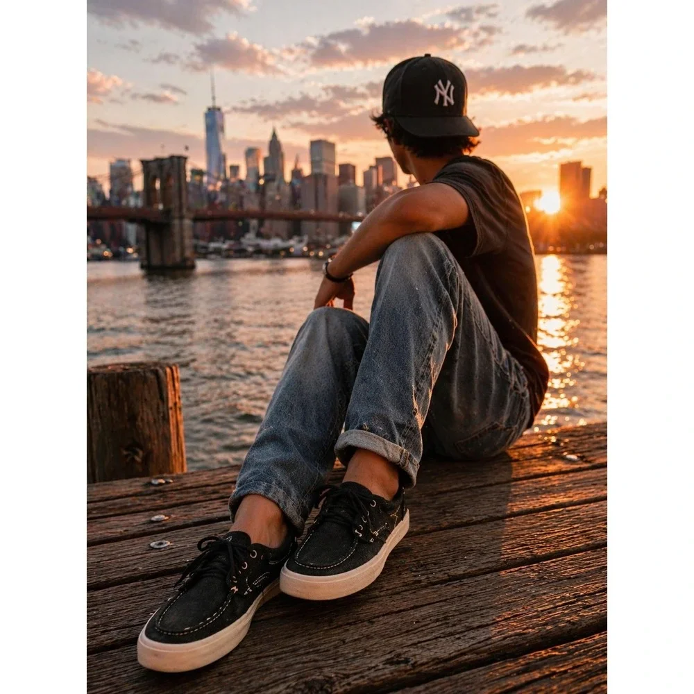 Vans Mens Black Canvas Boat Shoes Moc Toe Sneakers Size‎ 9 TB9C